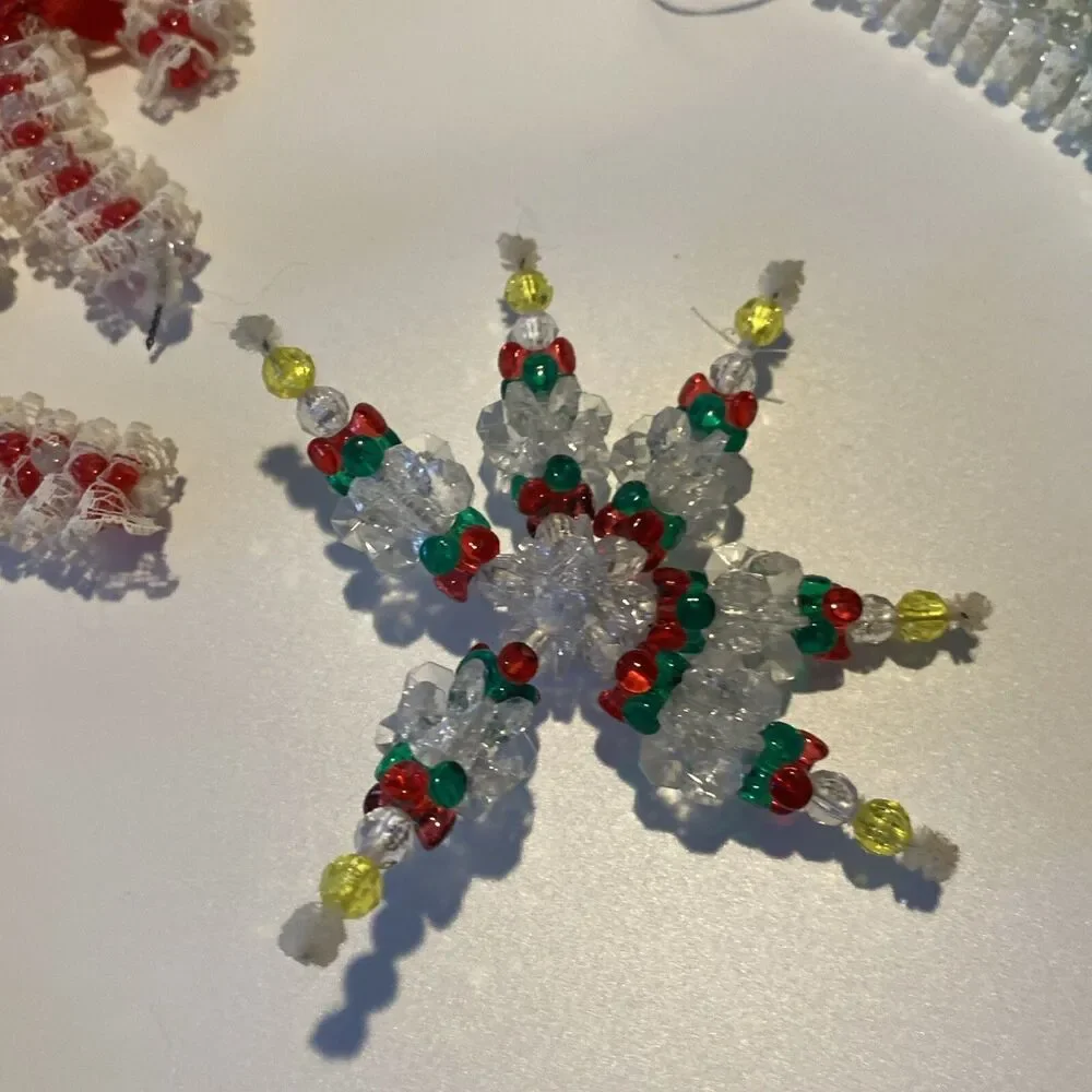 10 Vintage Handmade Plastic Beaded Wire Christmas Ornament Lot Angel Snowflake